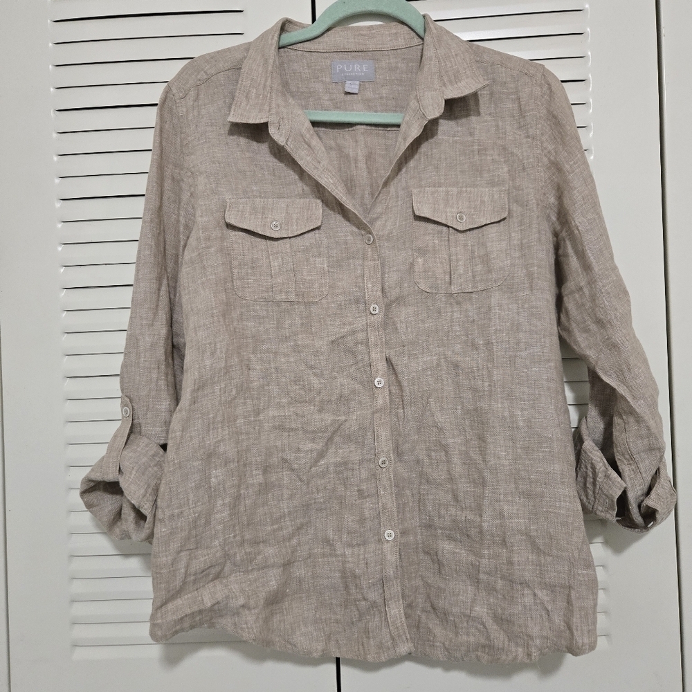 Pure Collection Pure Linen Long Sleeve Shirt Light Beige Size 8/10 #186 - Picture 3 of 6